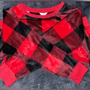 Women’s Soft Velour Red Buffalo Plaid Long Sleeve Sweater Top